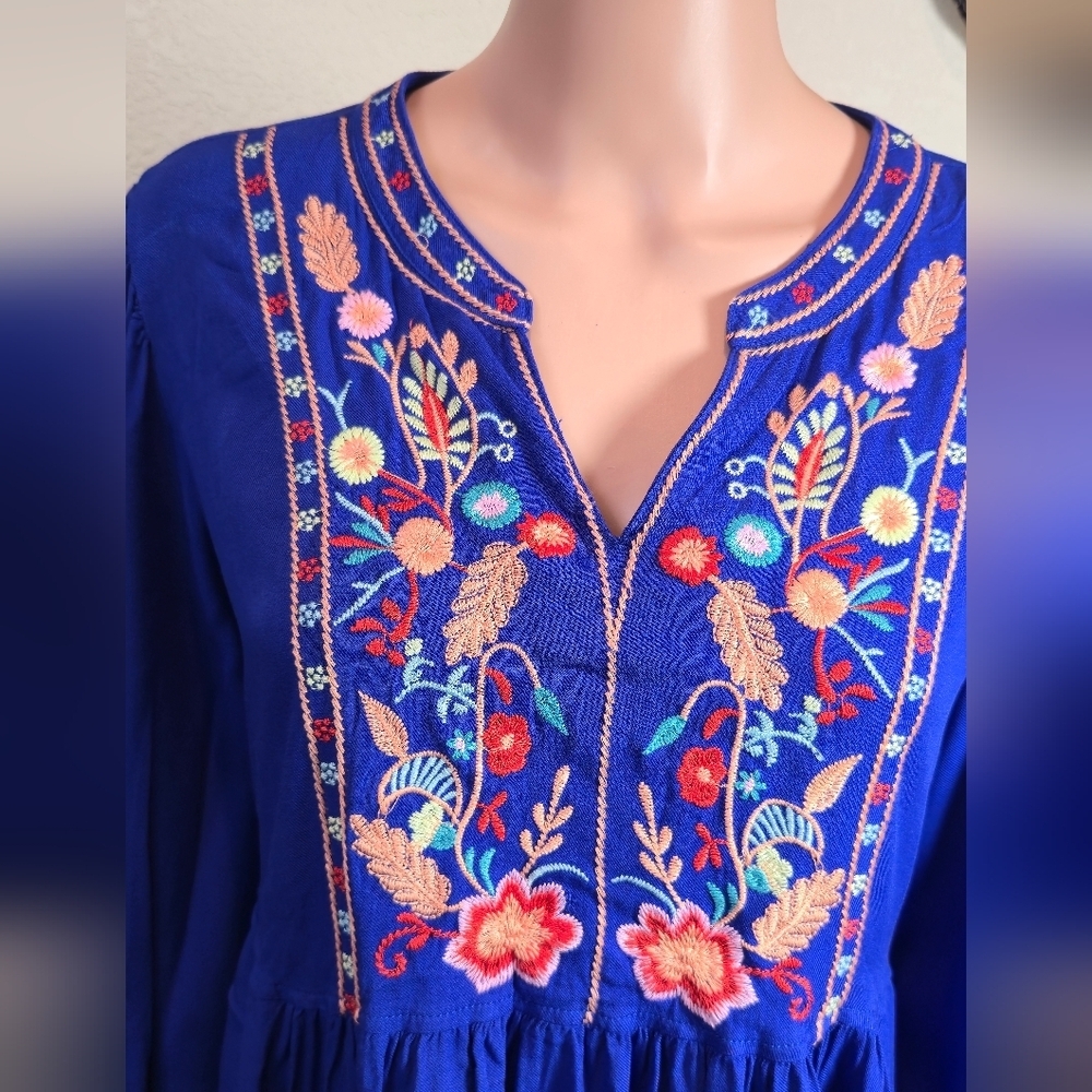 Solitaire Royal Blue Embroidered Bohemian Peasant Dress With Pockets Size Large - Picture 8 of 13